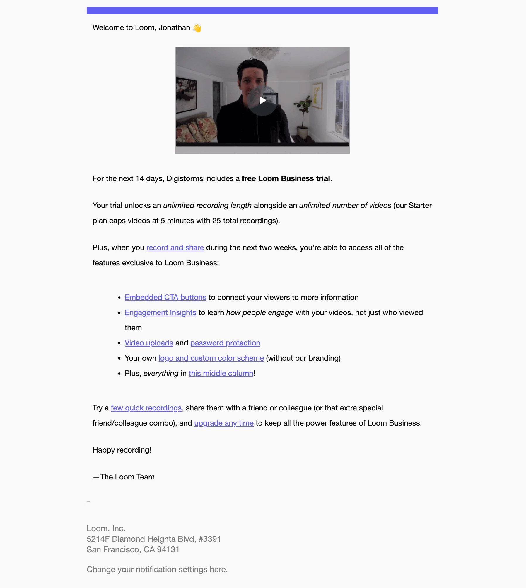Welcome email example from Loom