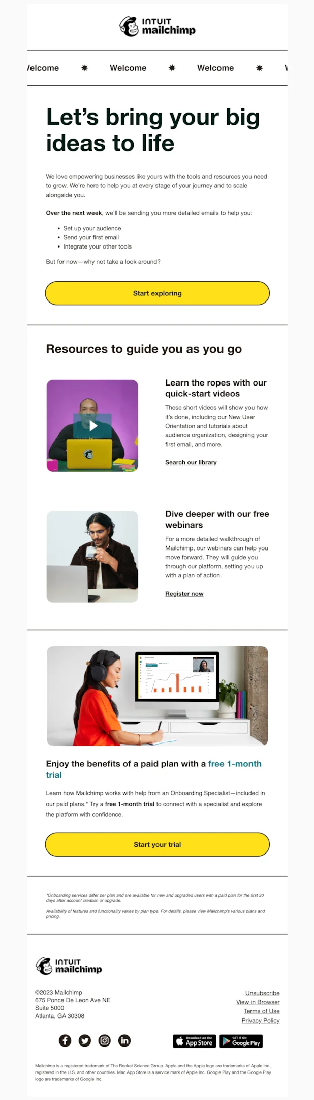 Welcome email example from Mailchimp
