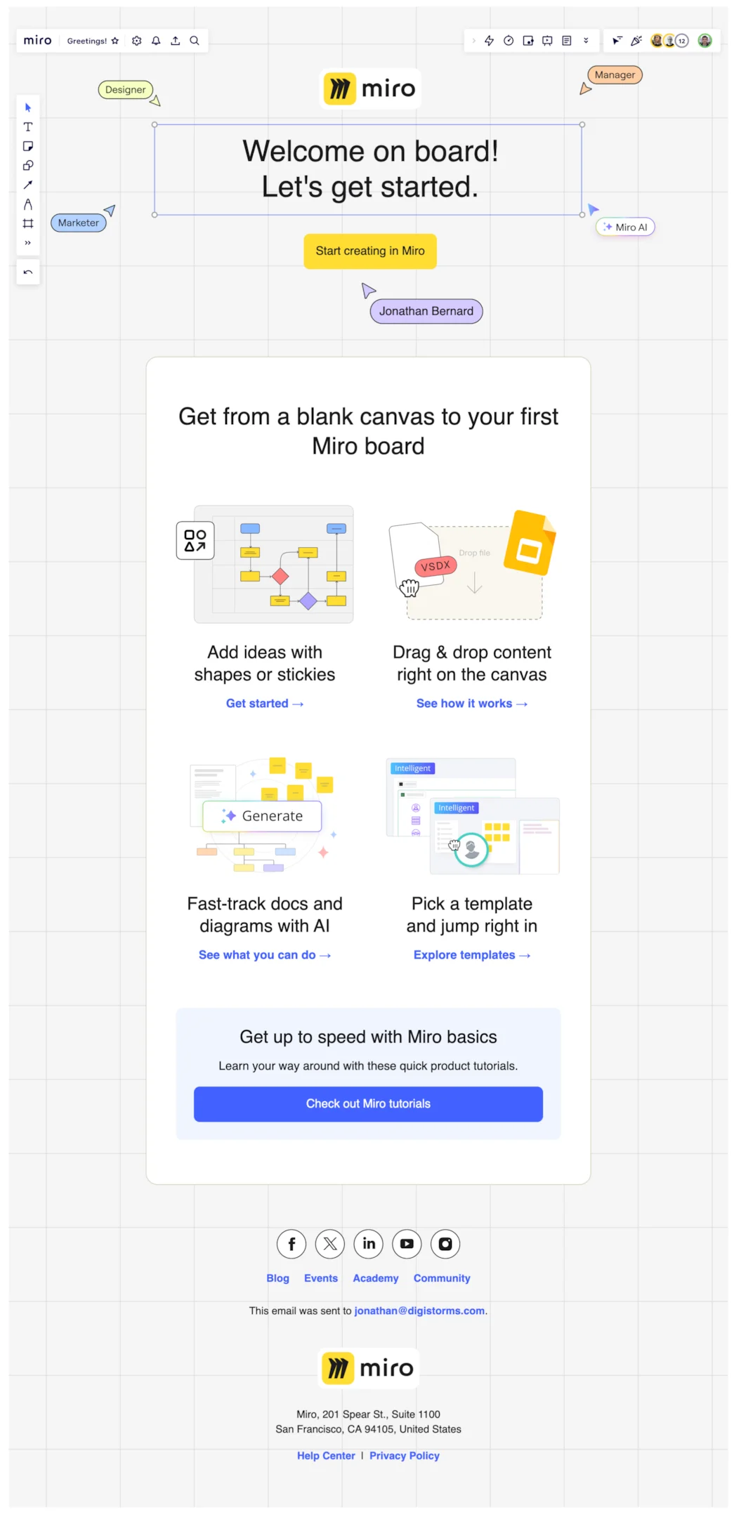 Welcome email example from Miro