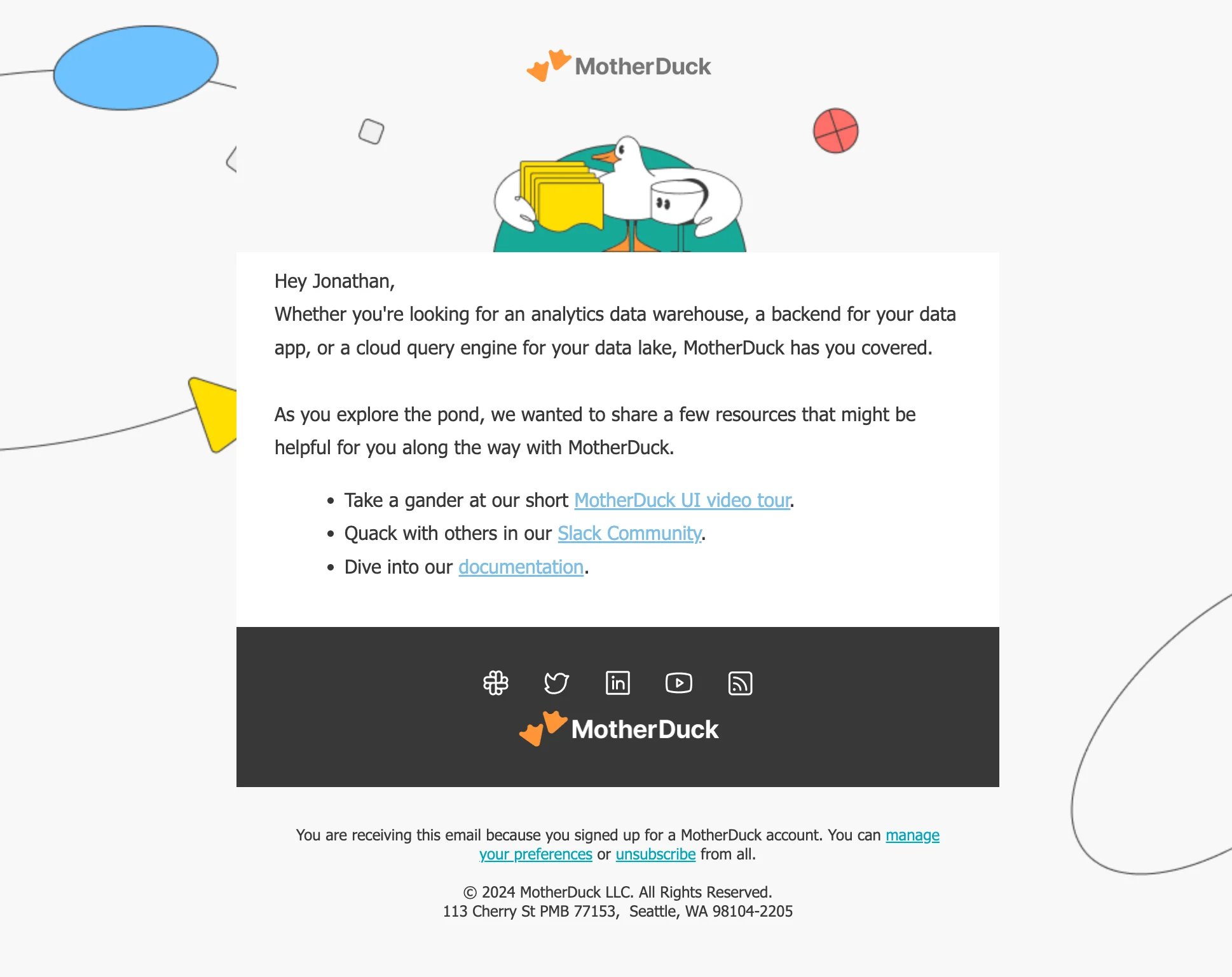 Welcome email example from MotherDuck