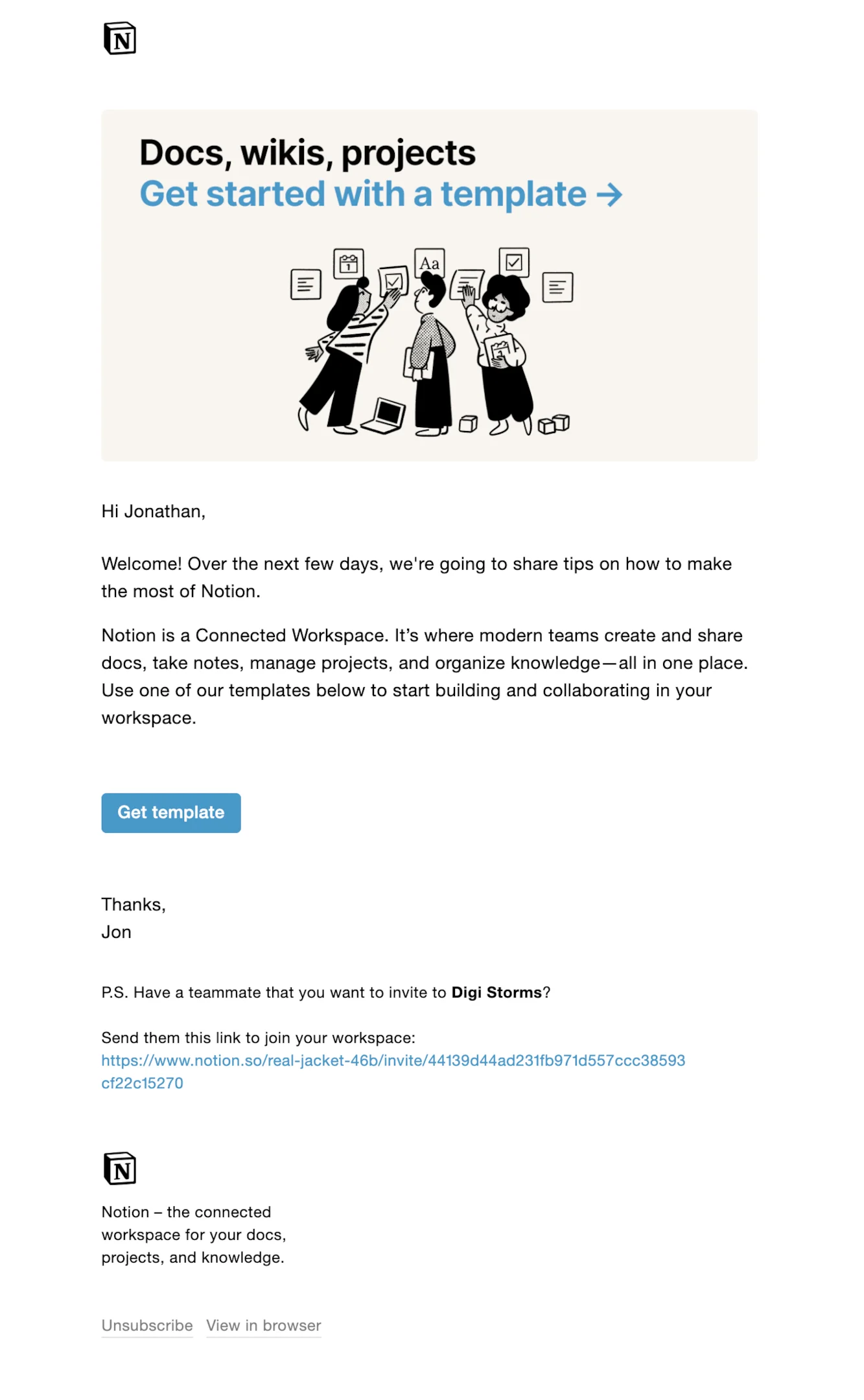 Welcome email example from Notion