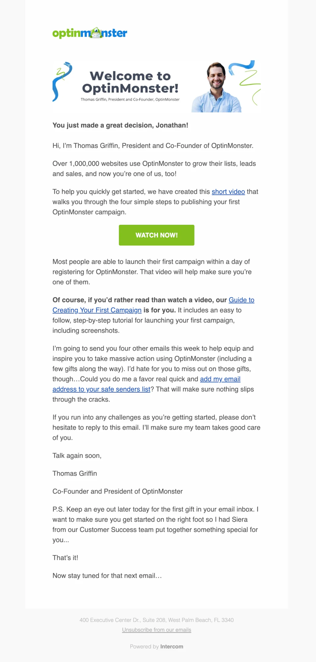 Welcome email example from OptinMonster