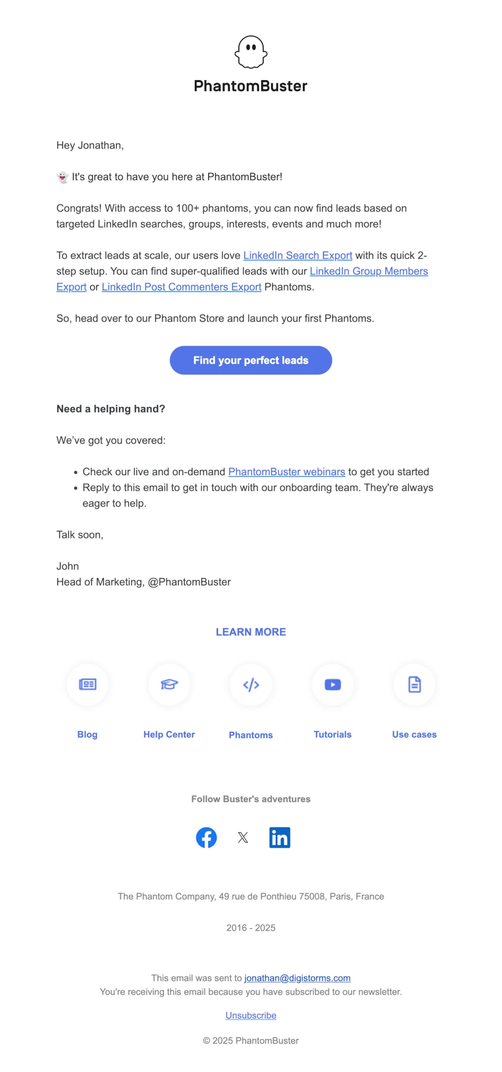 Welcome email example from PhantomBuster