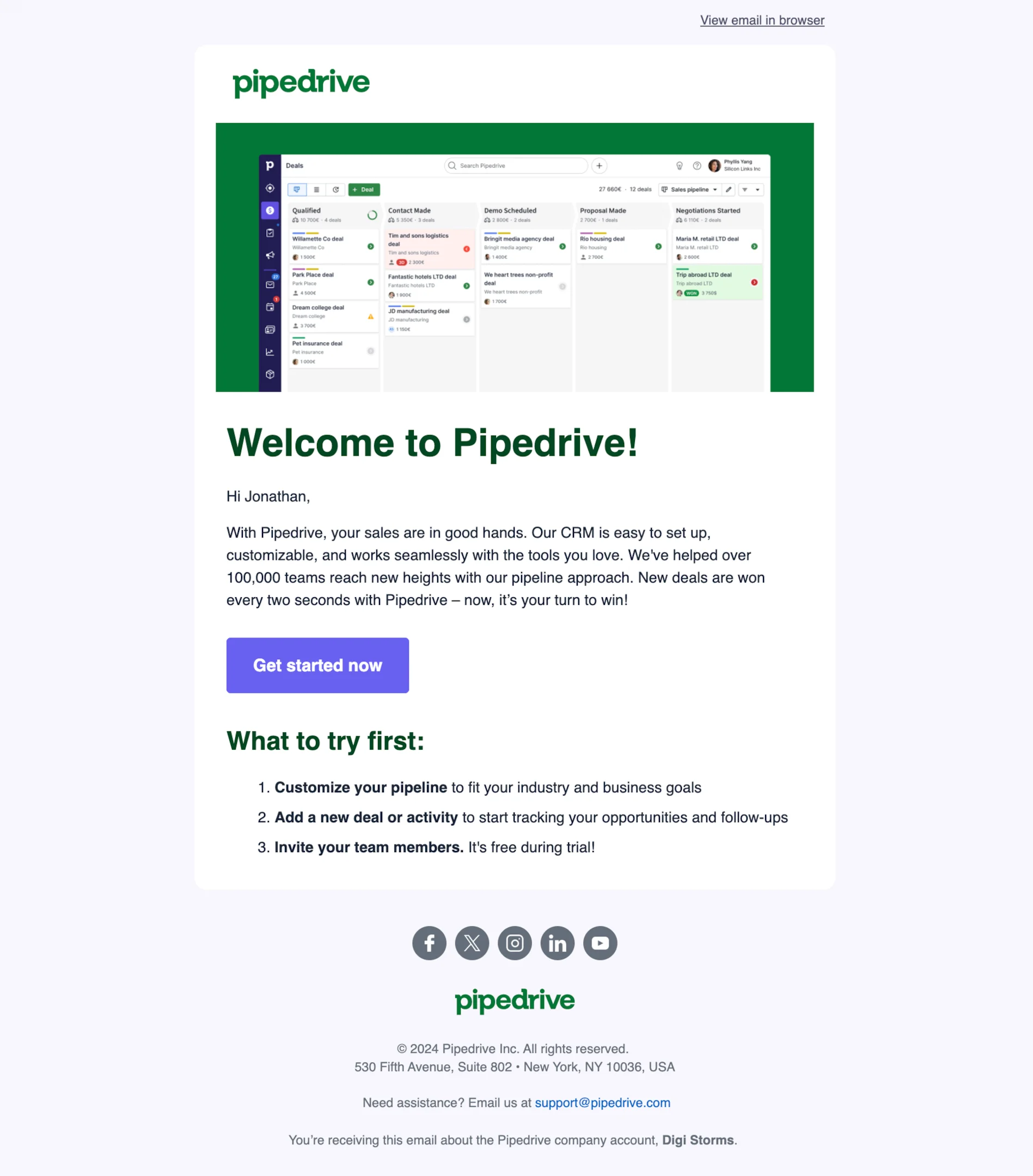 Welcome email example from Pipedrive