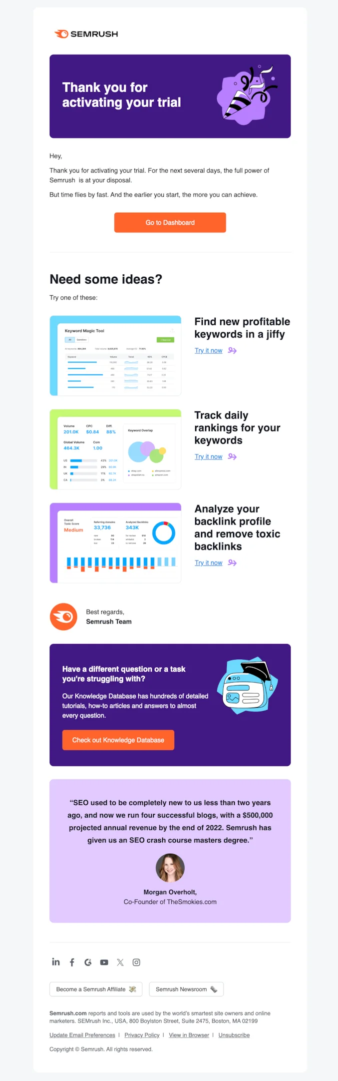 Welcome email example from Semrush