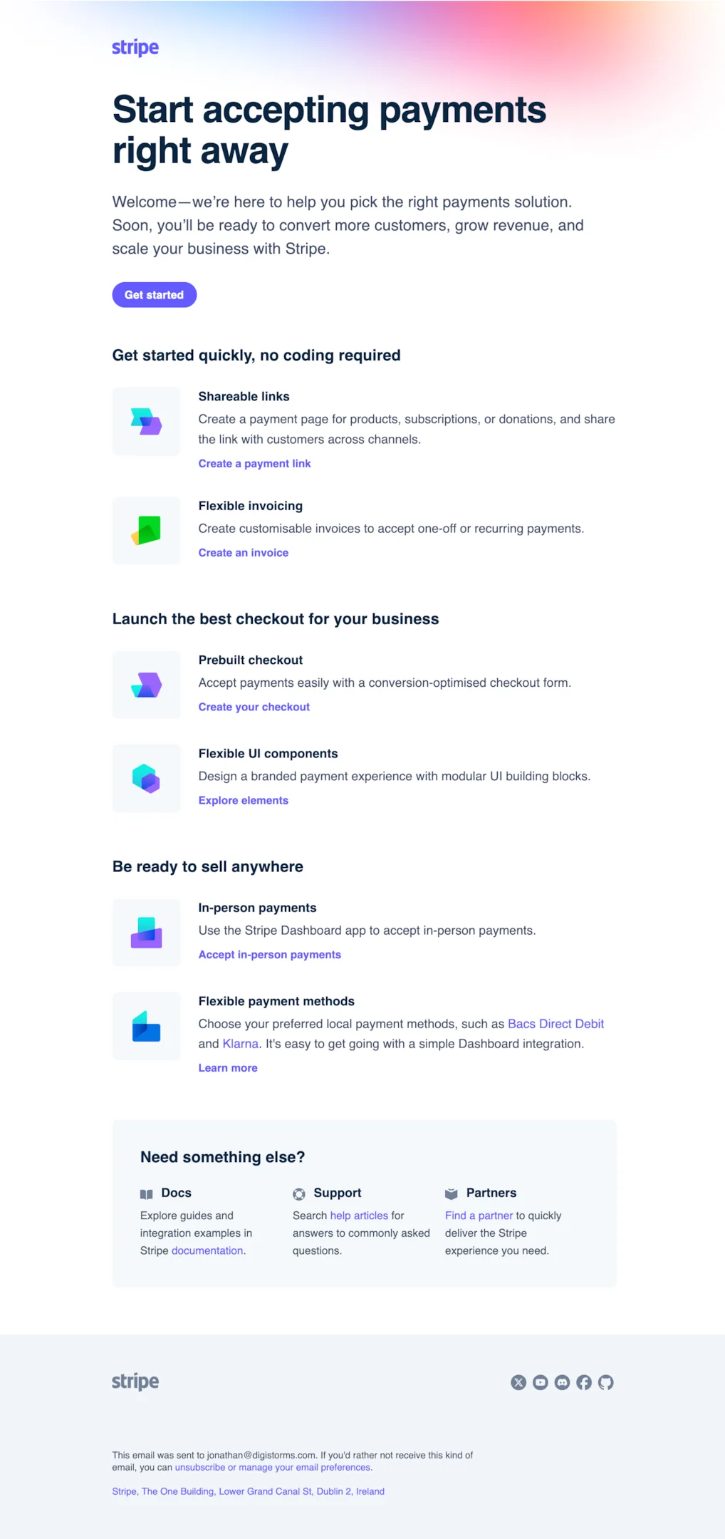 Welcome email example from Stripe