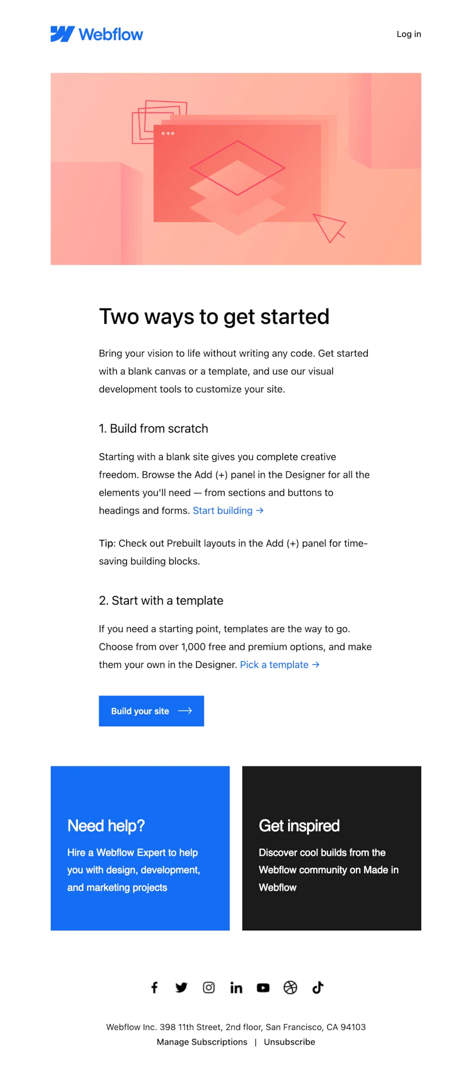 Welcome email example from Webflow
