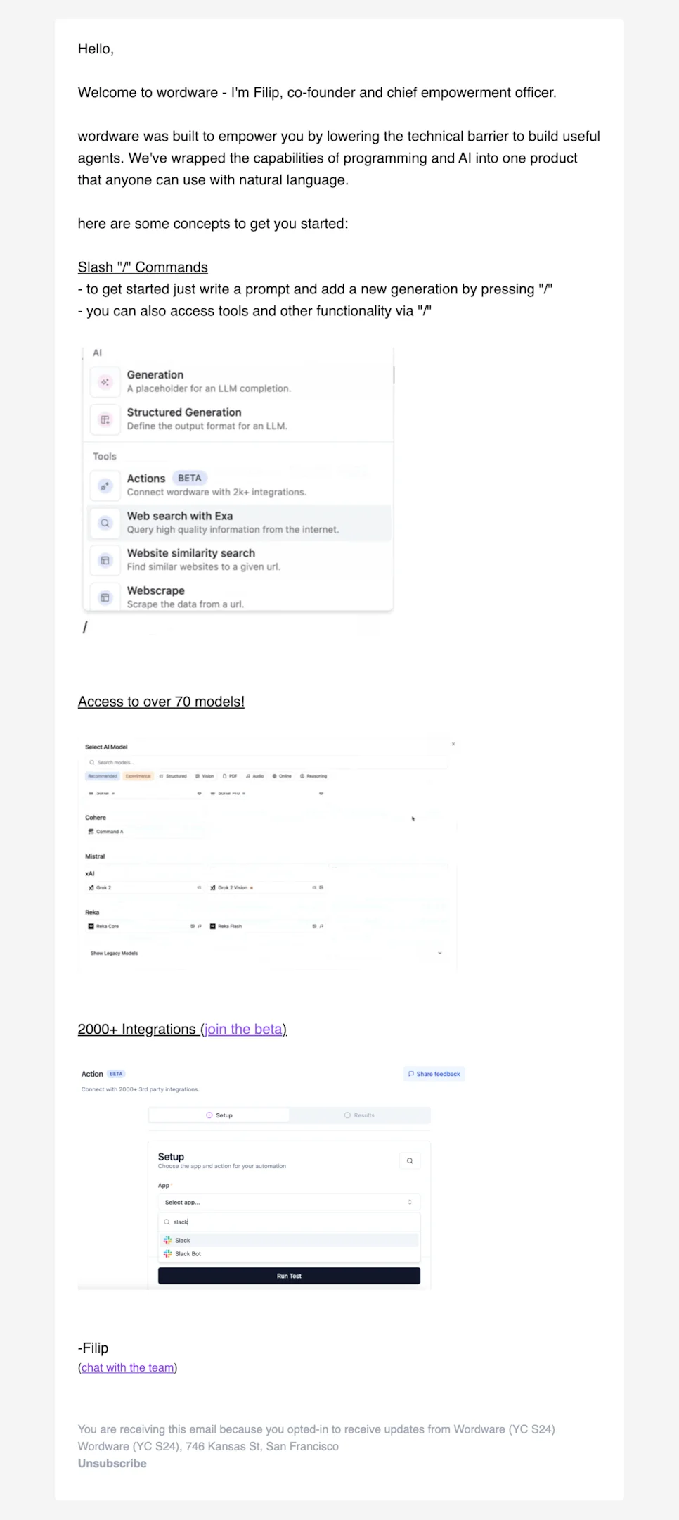 Welcome email example from Wordware