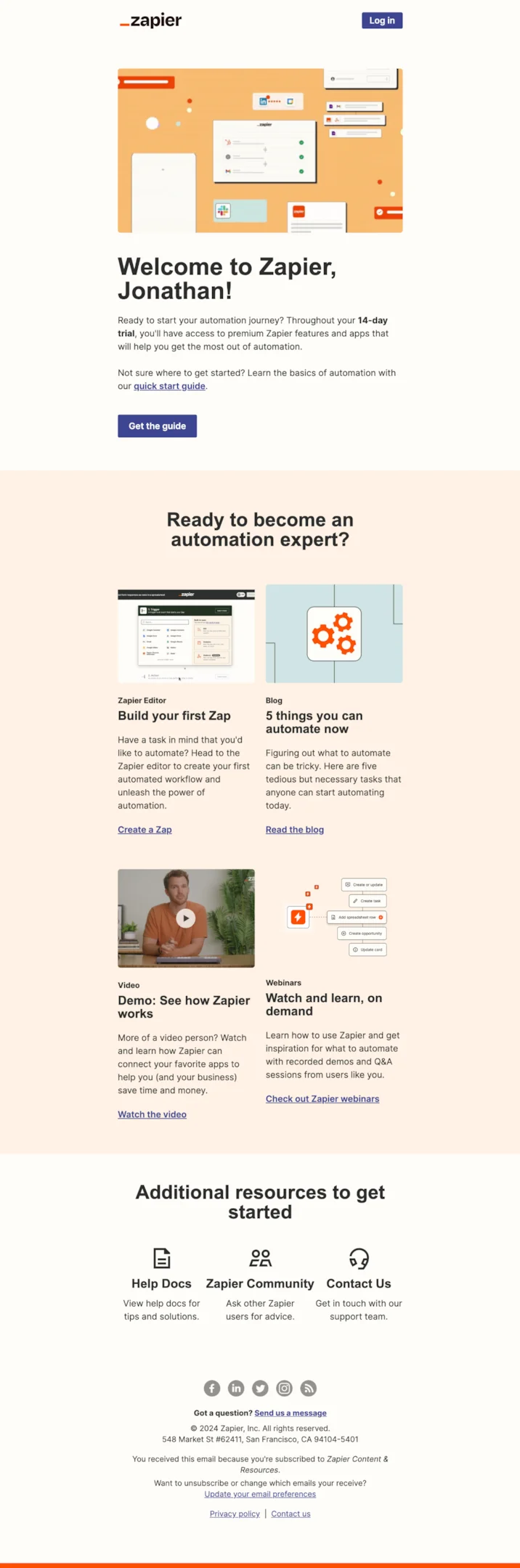Welcome email example from Zapier