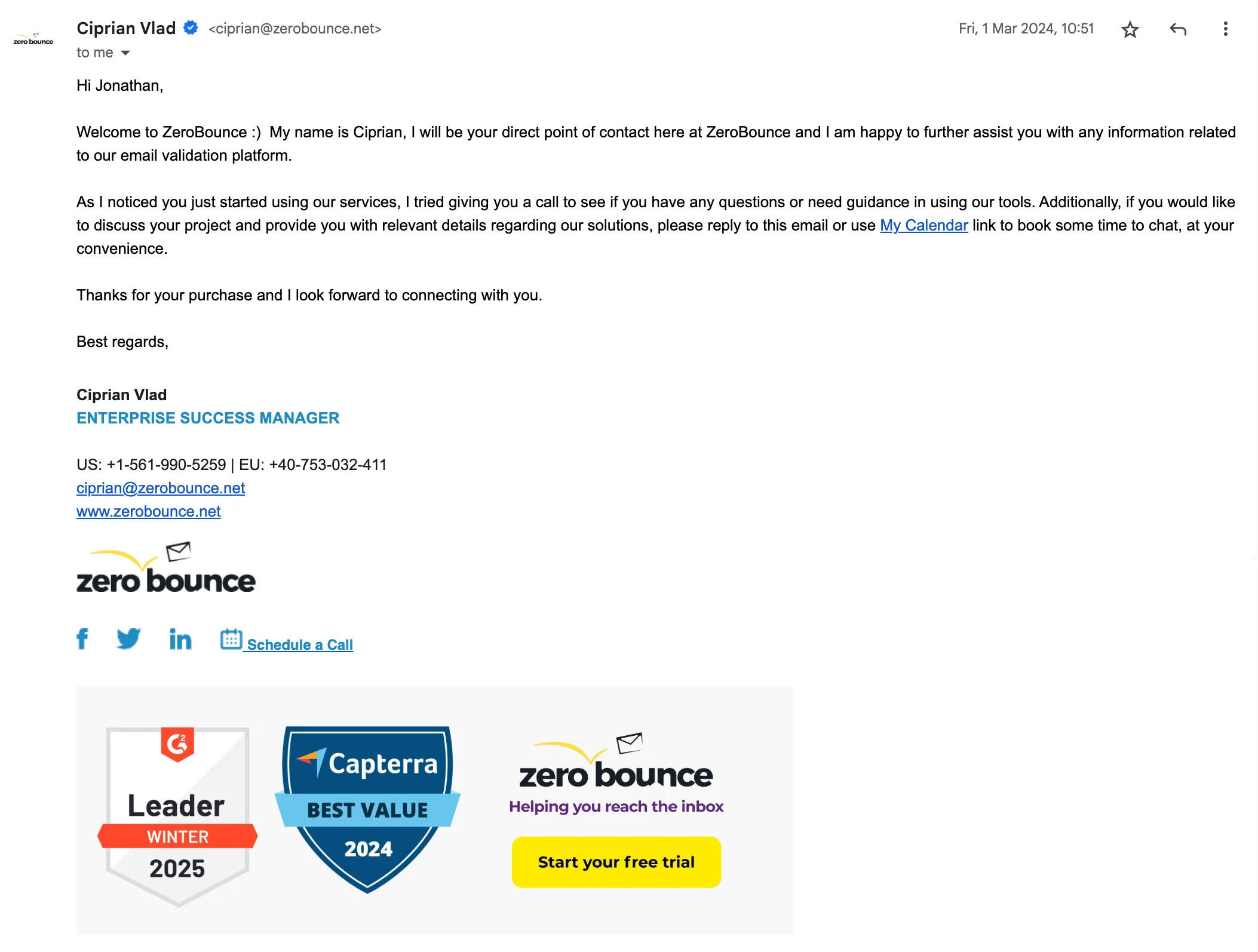Welcome email example from ZeroBounce