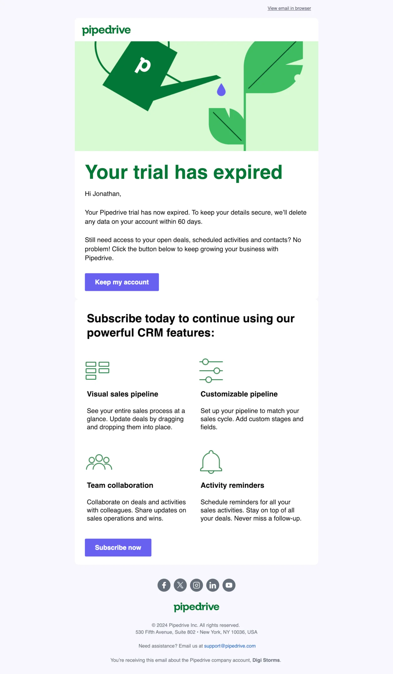 Upgrade email example from Pipedrive