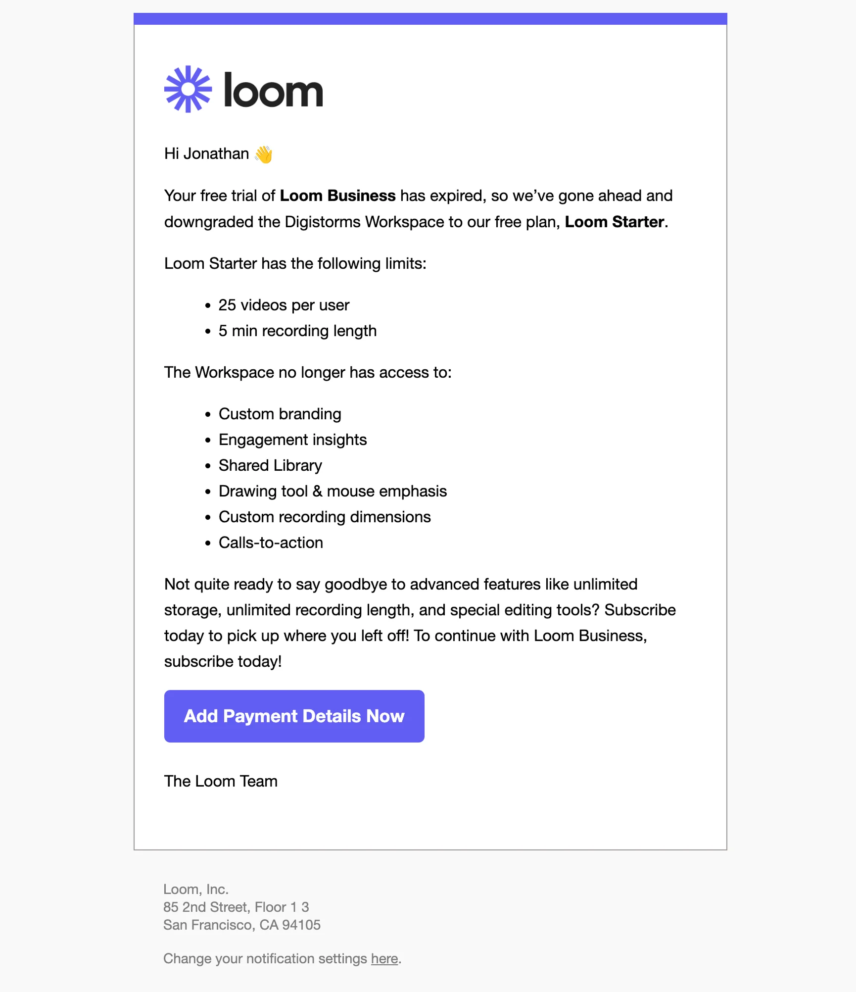 Upgrade email example from Loom