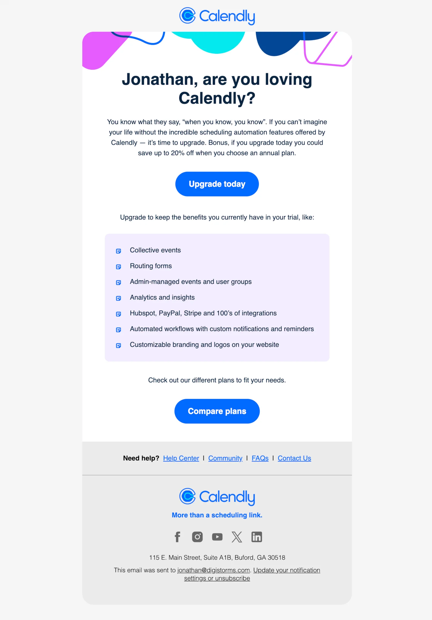 Upgrade email example from Calendly