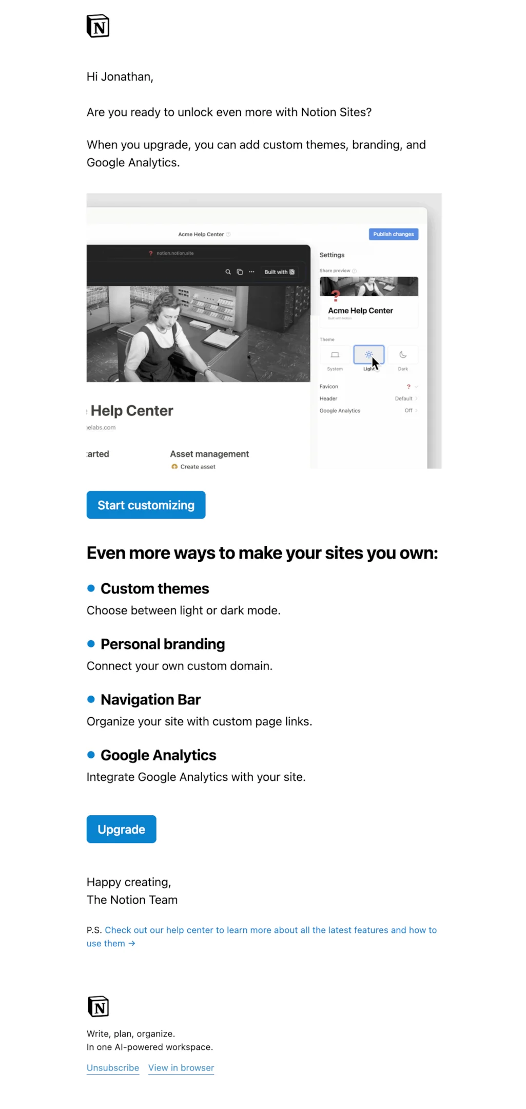 Upgrade email example from Notion