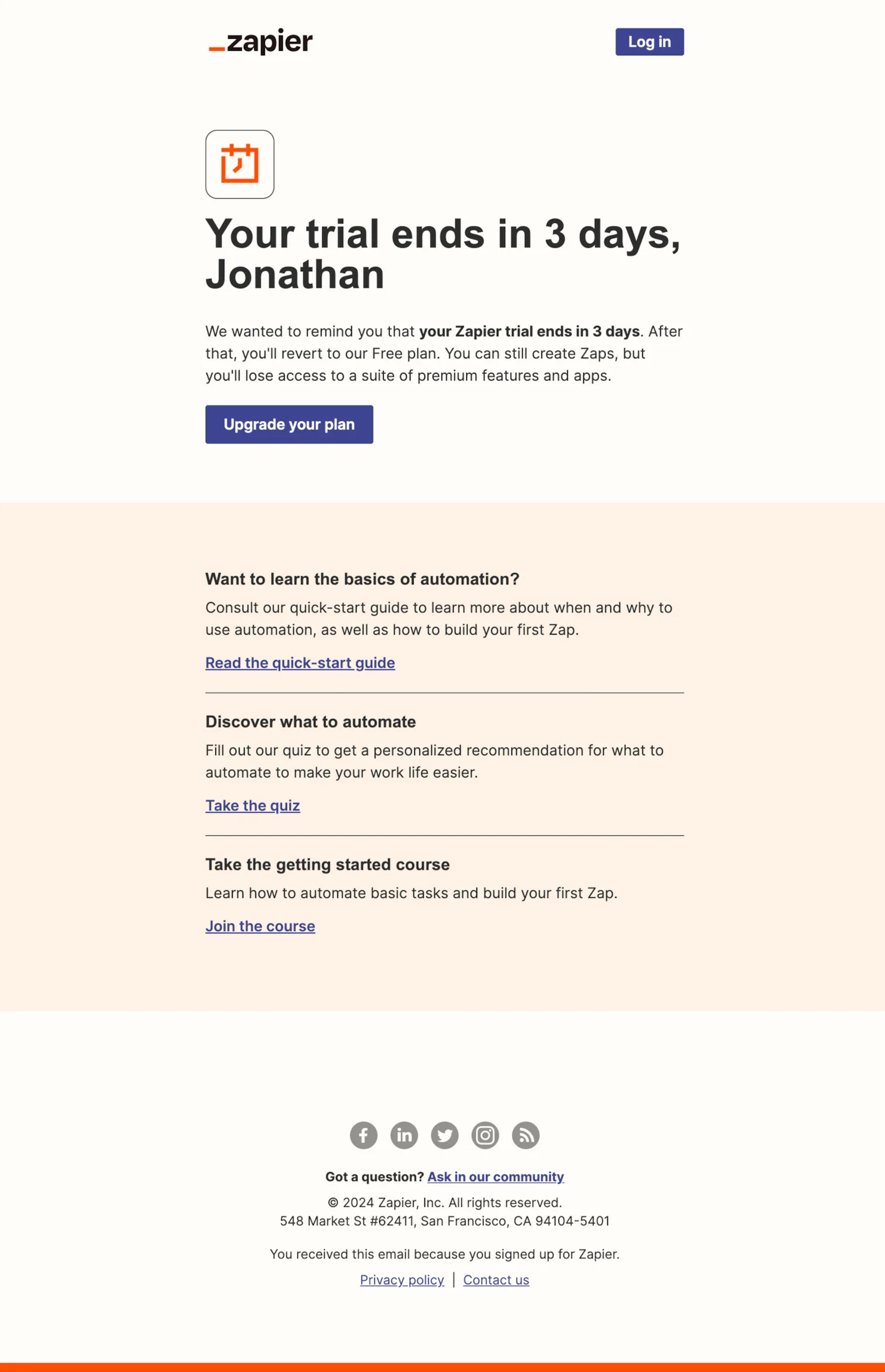 Upgrade email example from Zapier