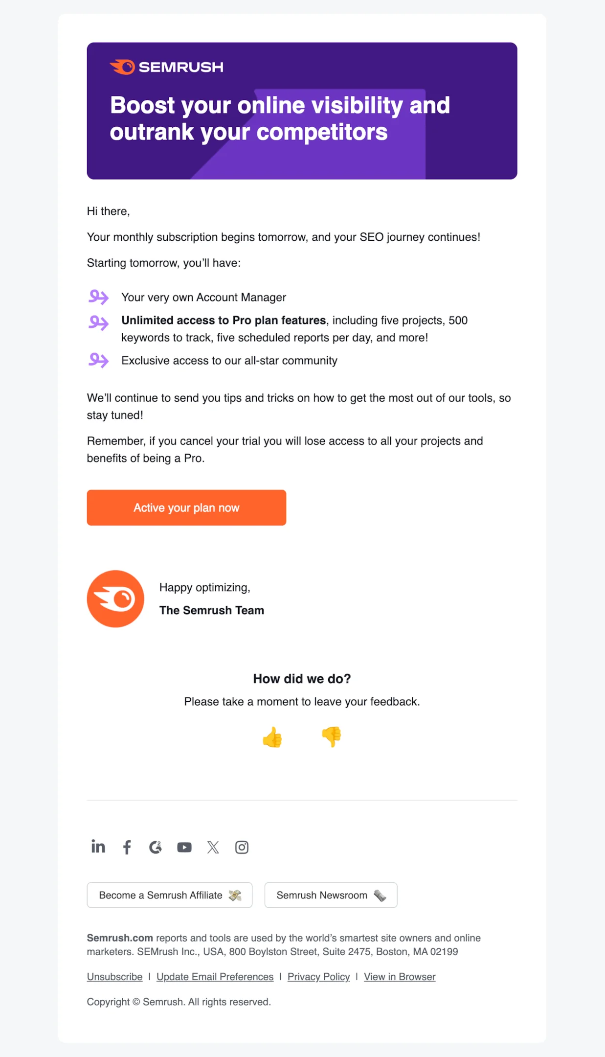 Upgrade email example from Semrush