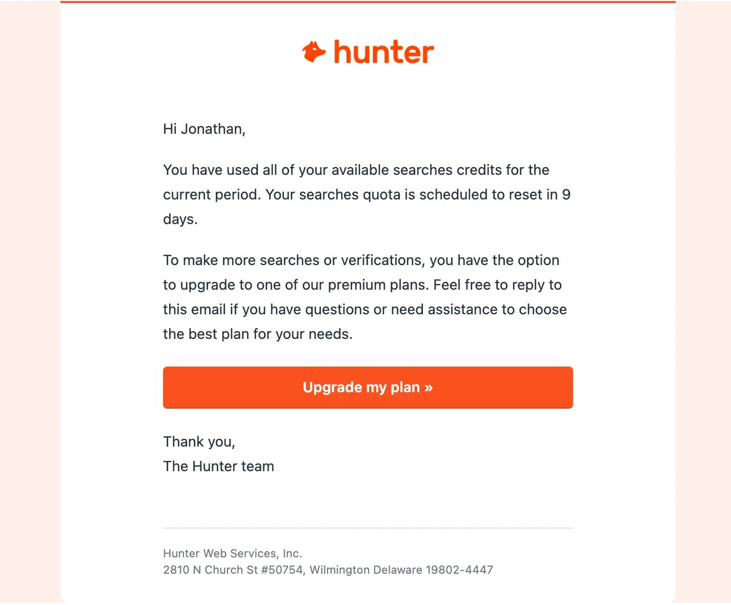 Upgrade email example from Hunter