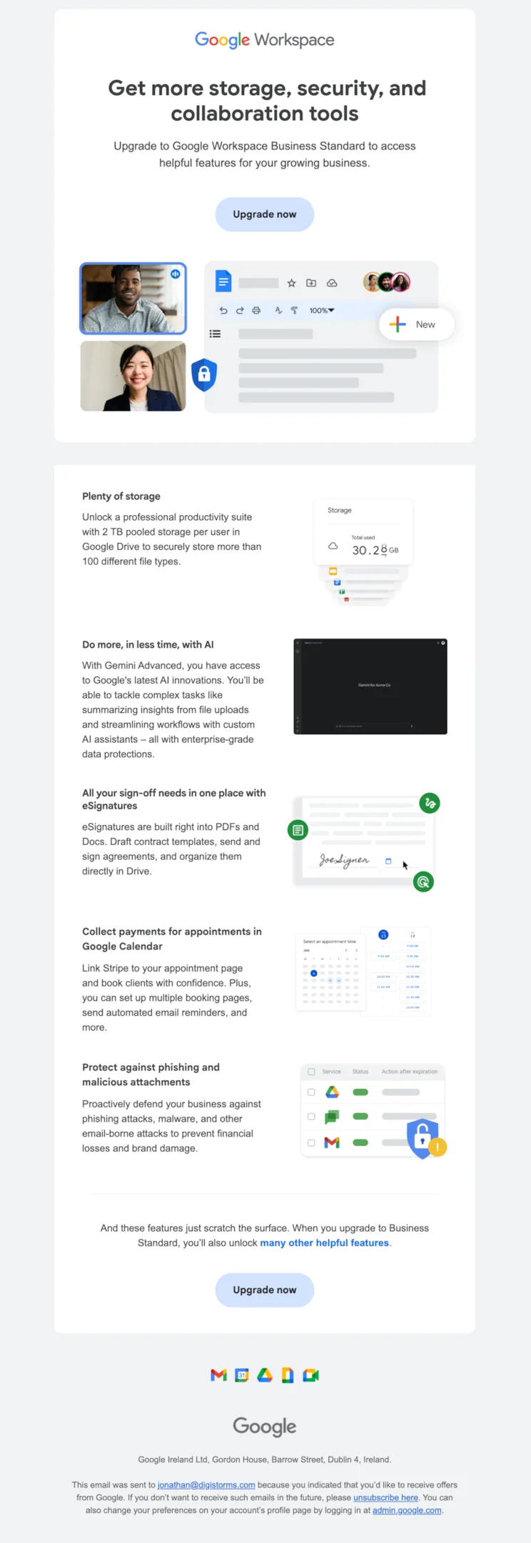 Upgrade email example from Google Workspace