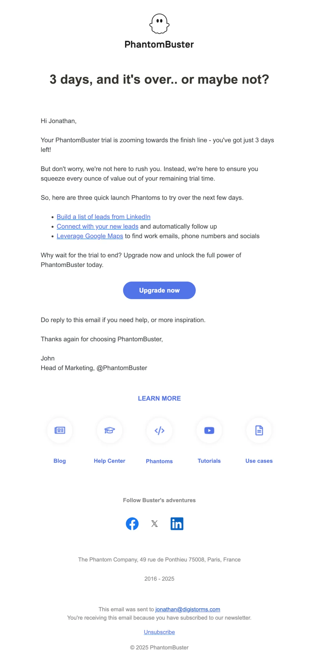 Upgrade email example from Phantom Buster