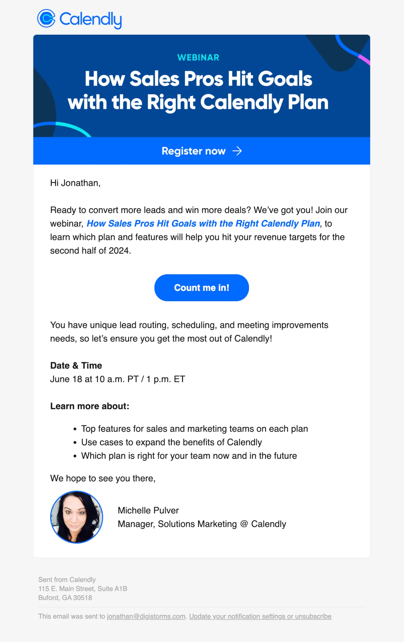 Webinar email sequence example from Webinar invite email