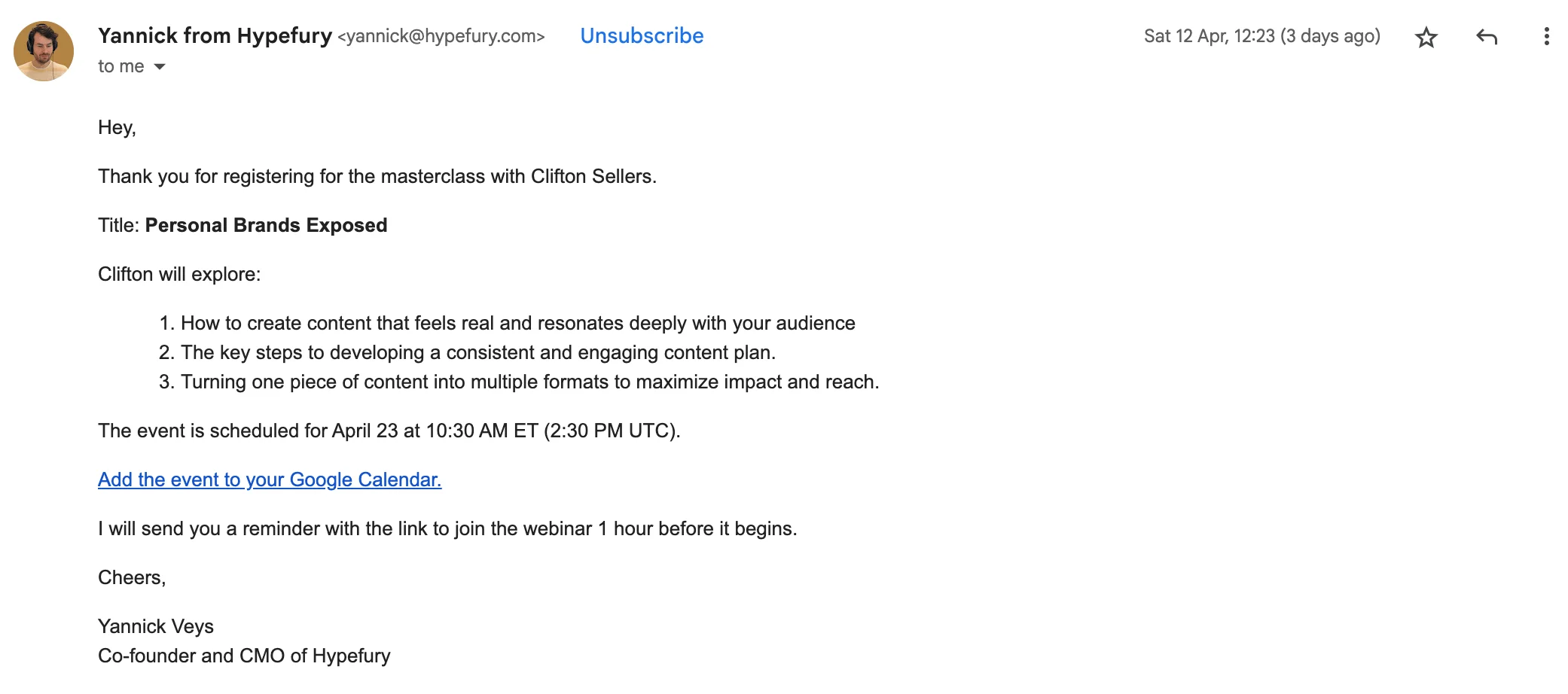 Webinar email sequence example from Registration confirmation email