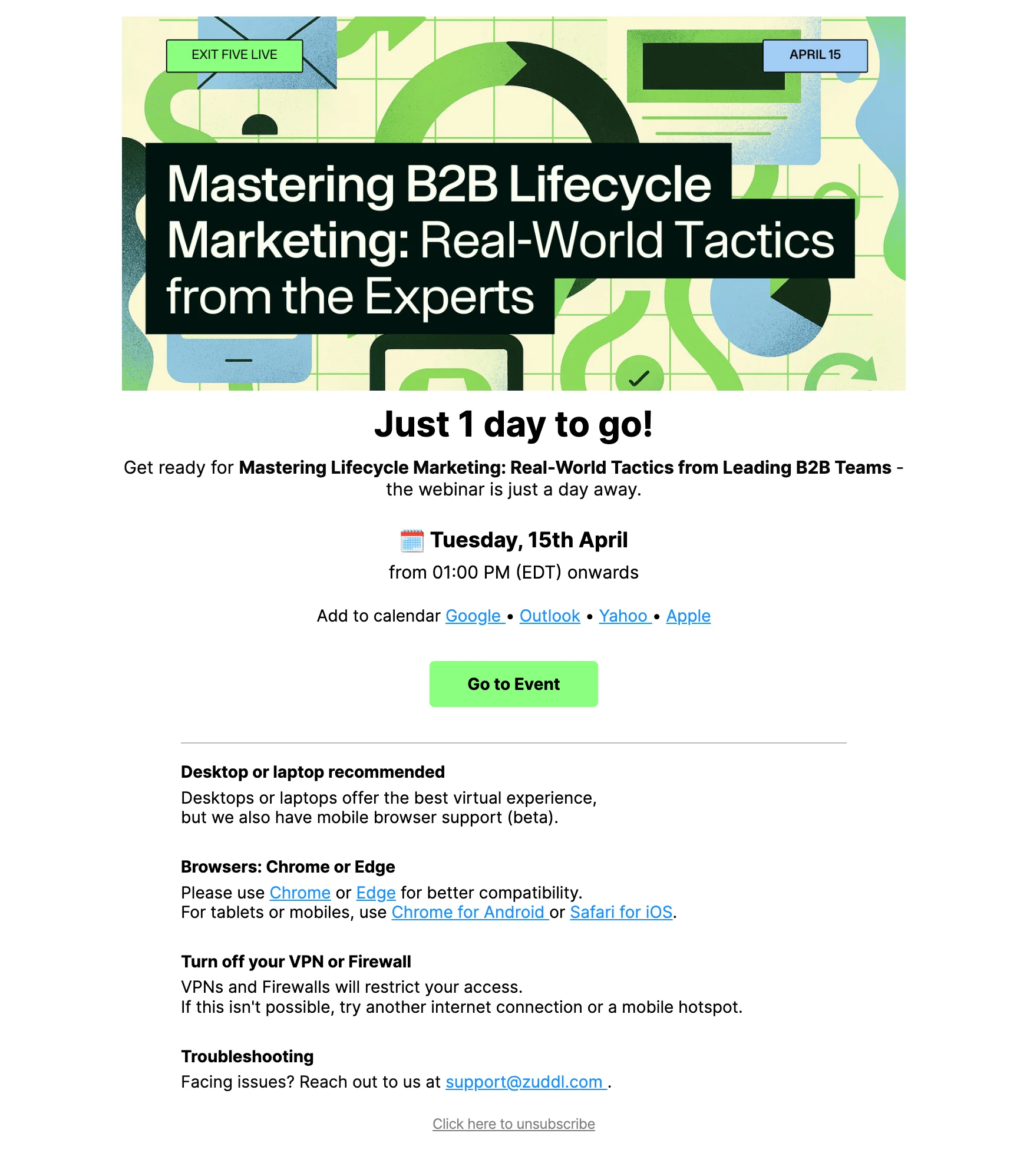 Webinar email sequence example from First reminder