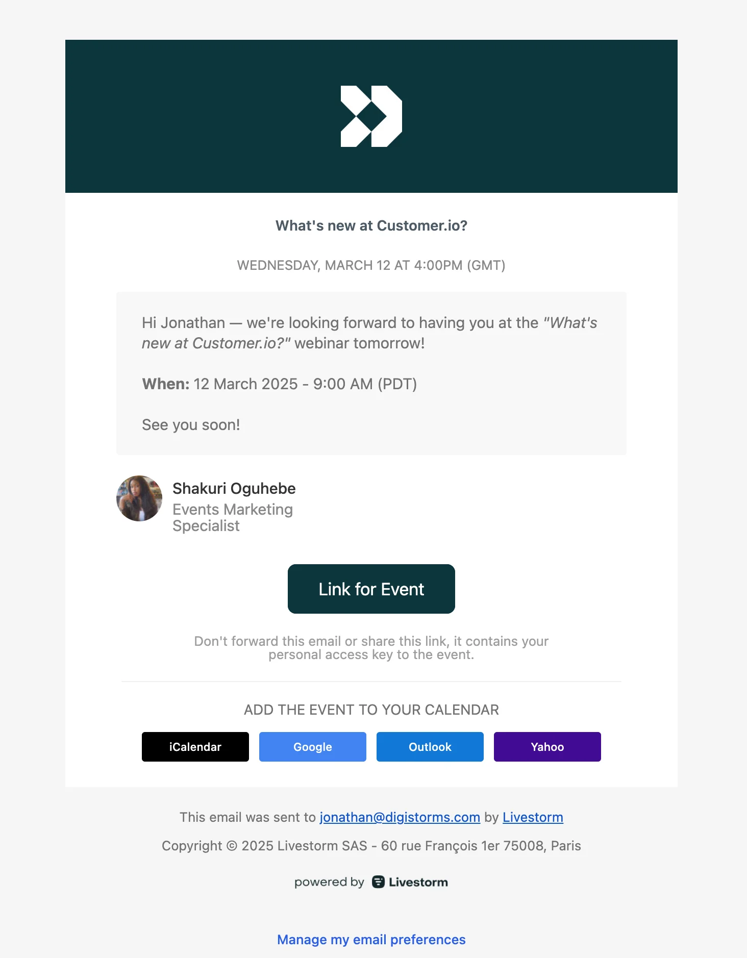 Webinar email sequence example from First reminder
