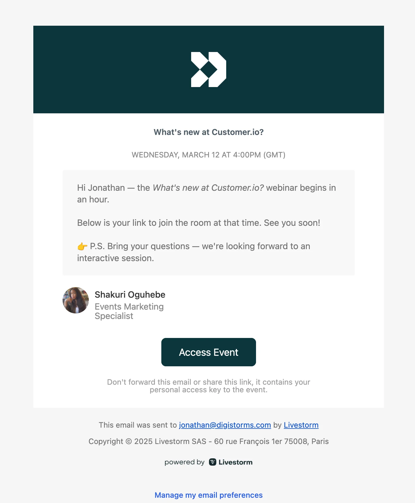 Webinar email sequence example from Second reminder