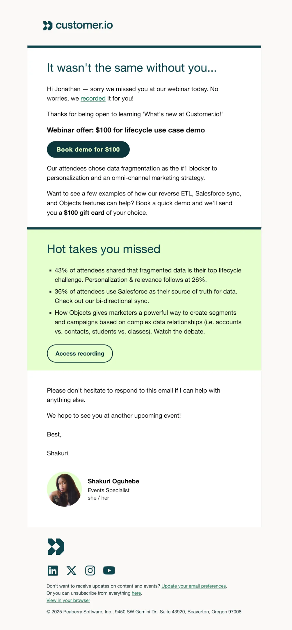 Webinar email sequence example from "Sorry we missed you" email