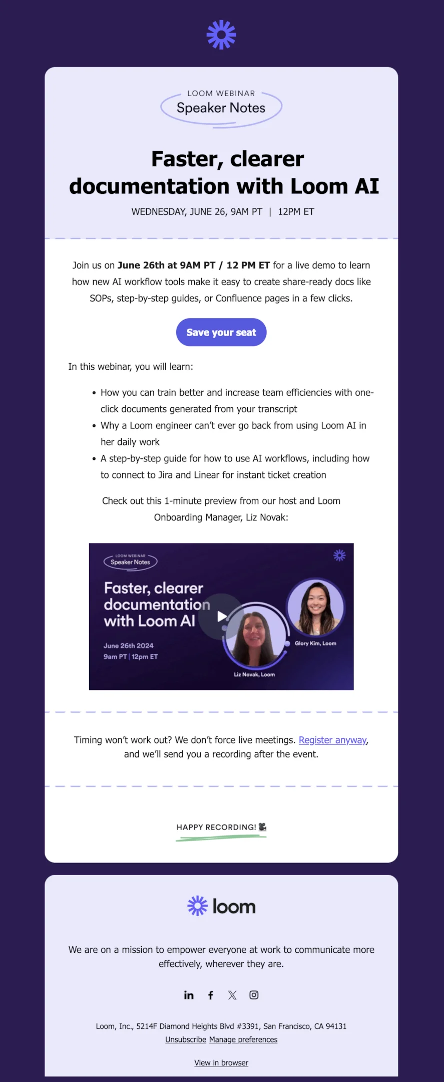 Webinar email sequence example from Webinar recording email