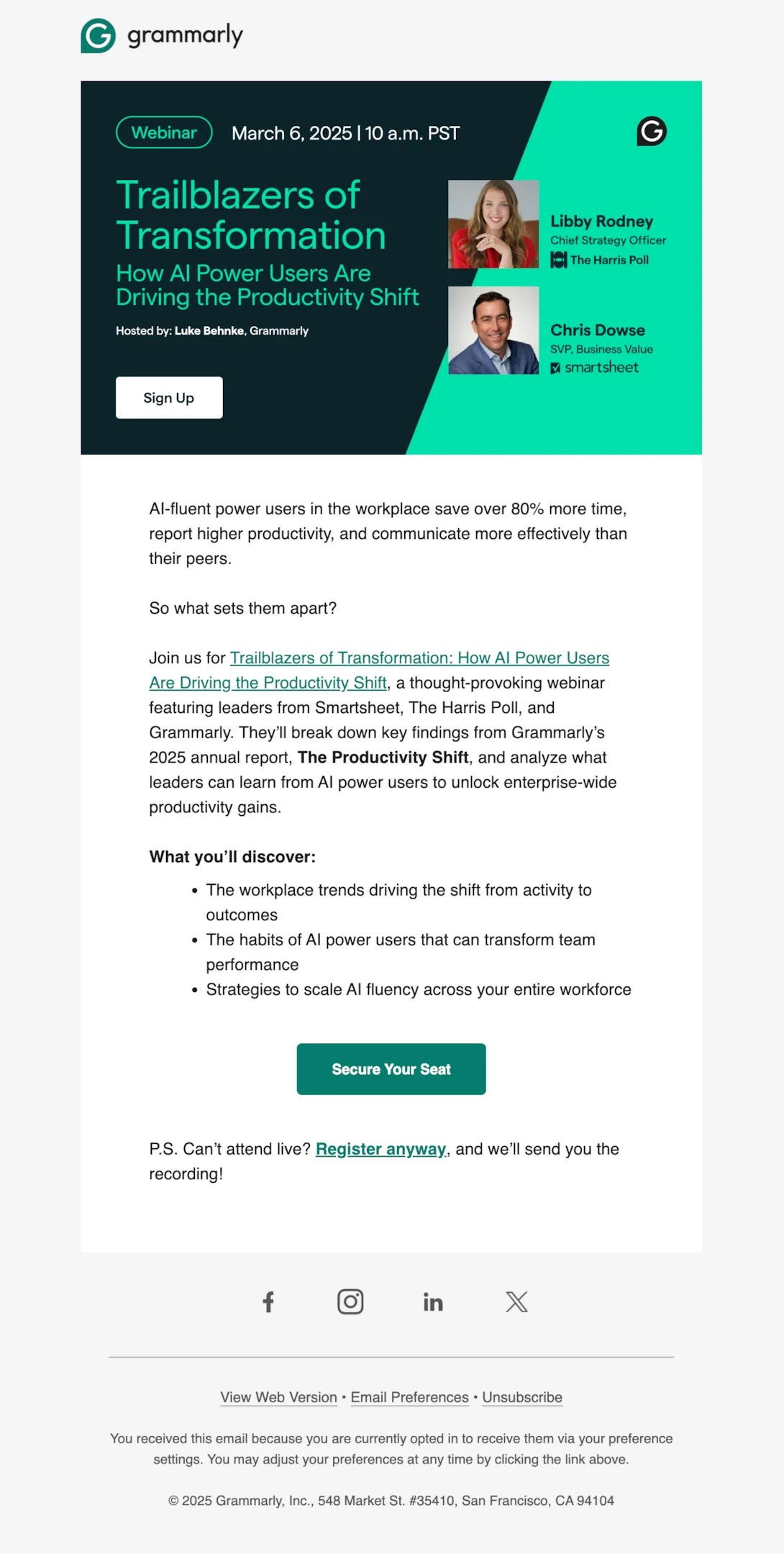 Webinar email sequence example from Grammarly