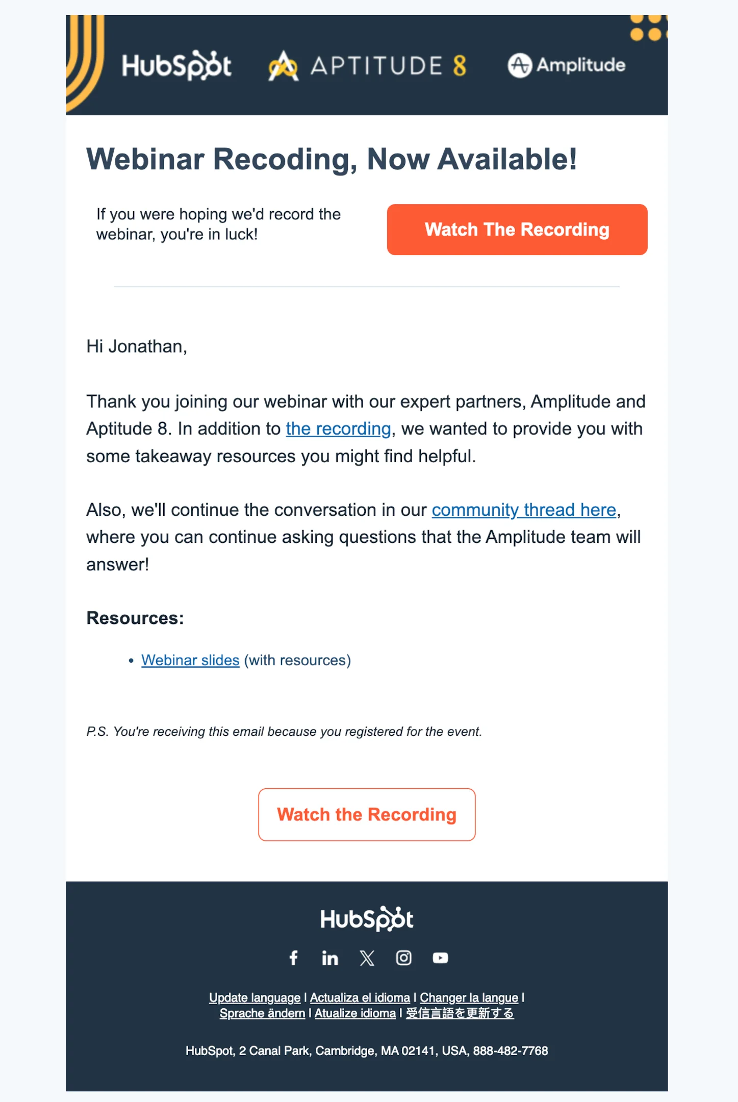 Webinar email sequence example from HubSpot