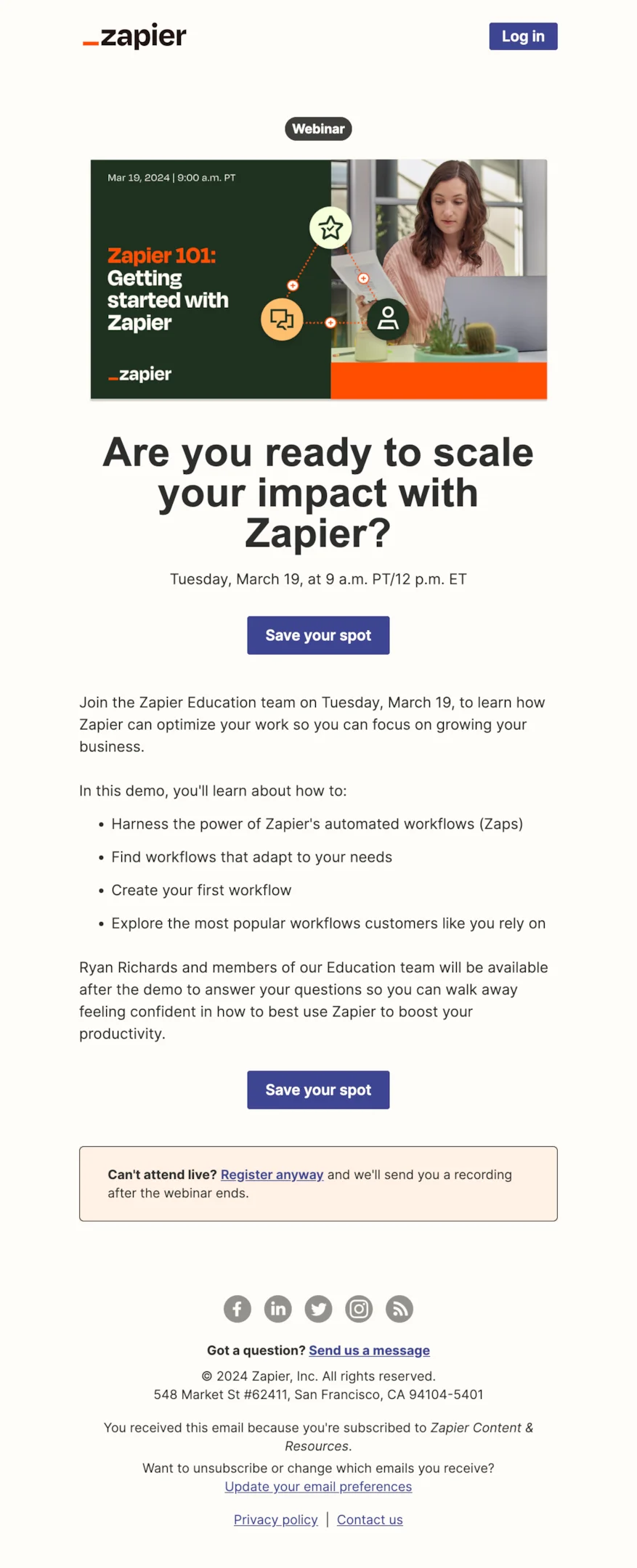 Webinar email sequence example from Zapier