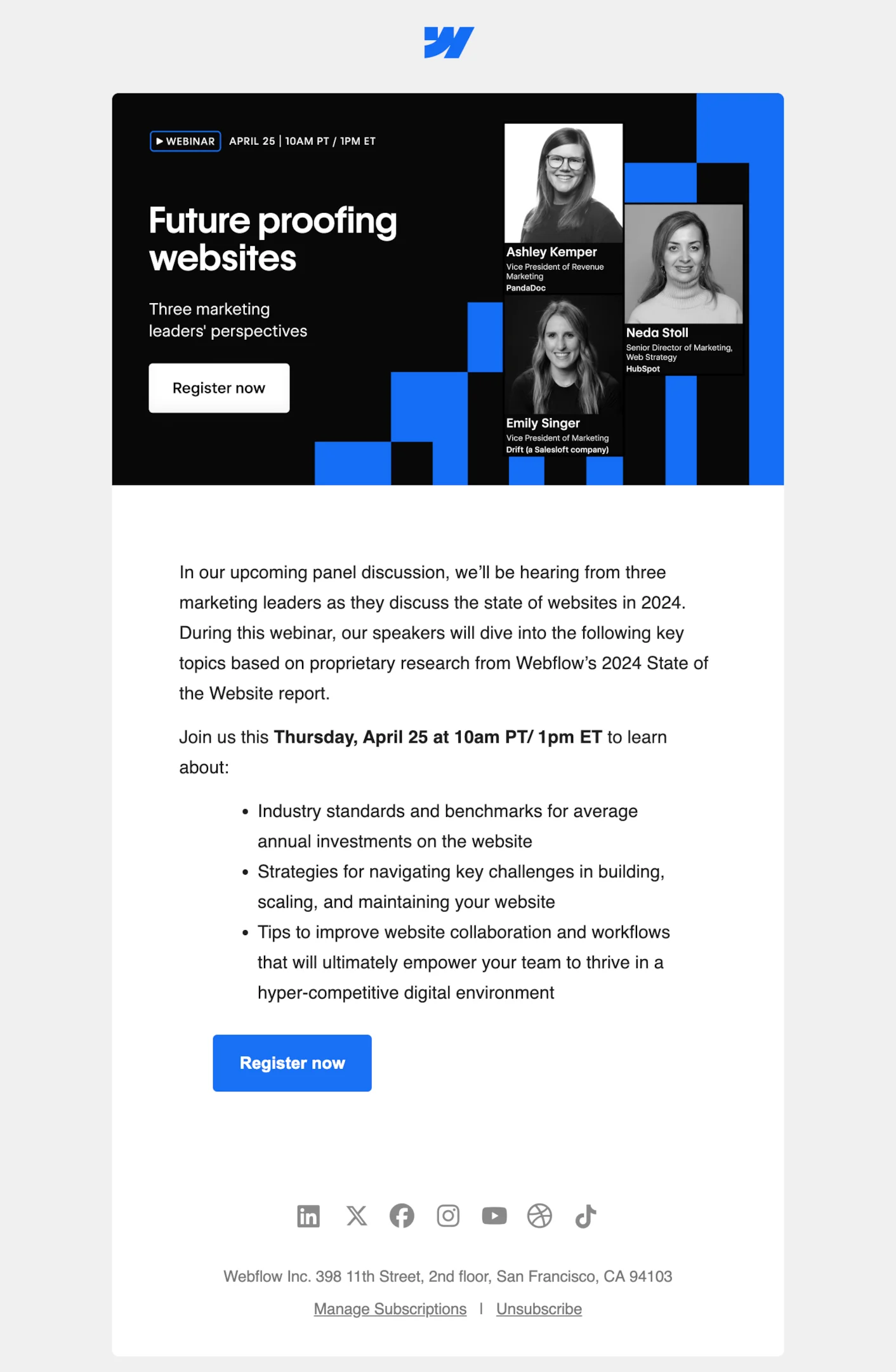 Webinar email sequence example from Webflow