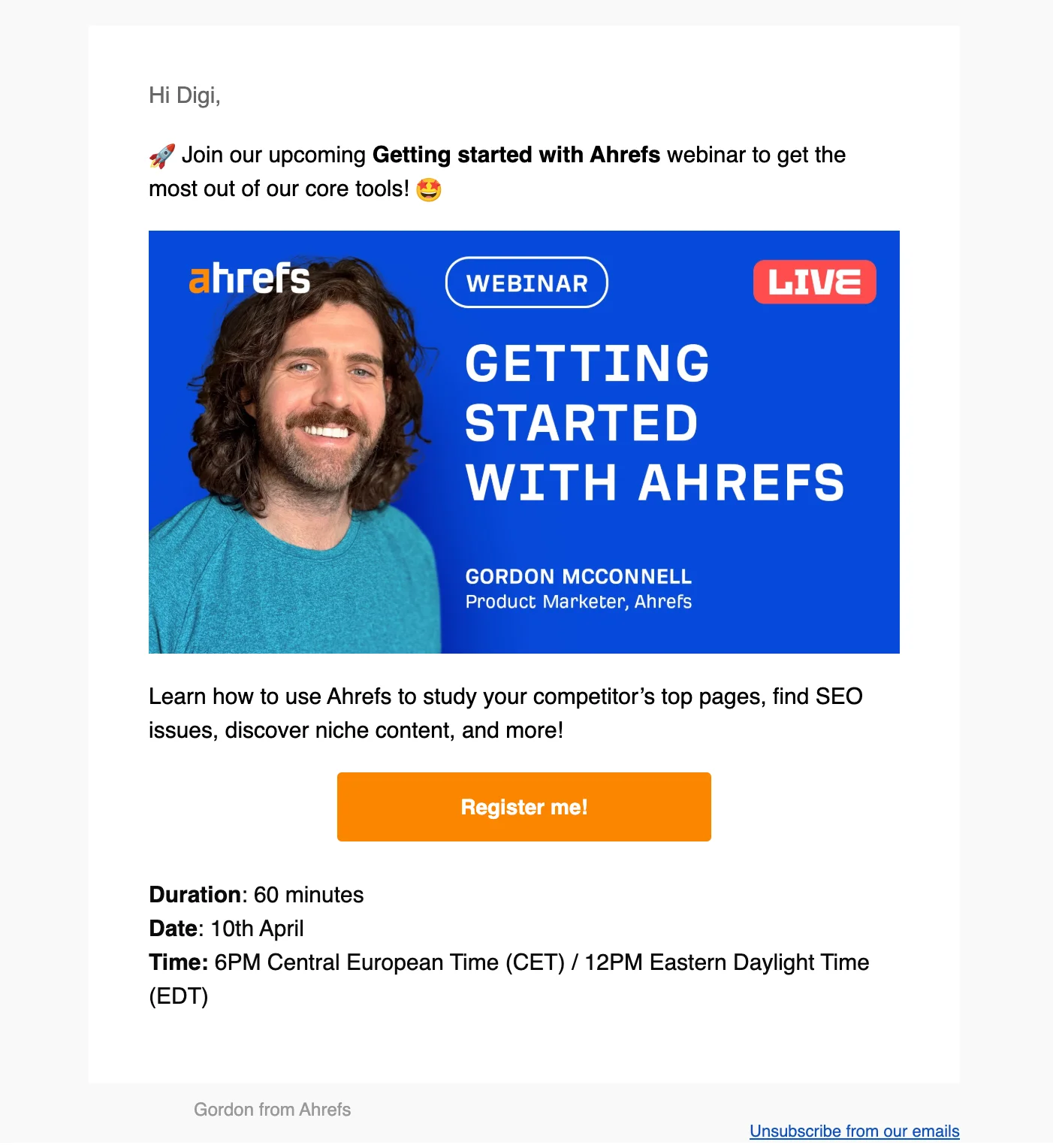 Webinar email sequence example from Ahrefs