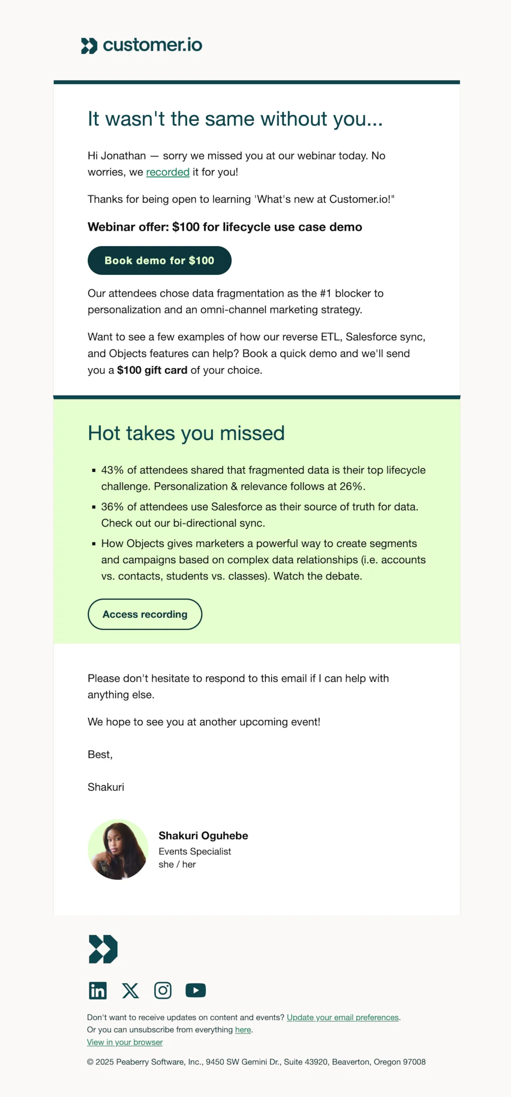 Webinar follow-up email example from Customer.io