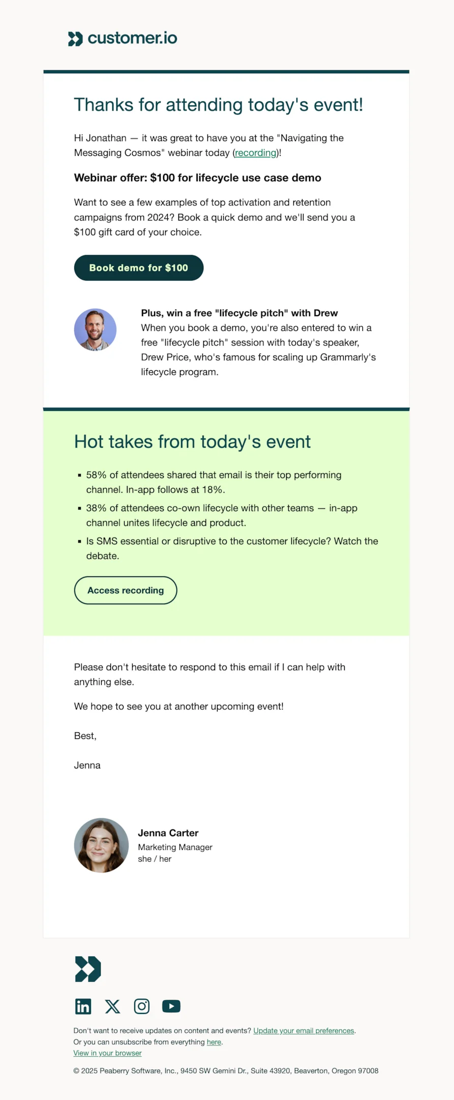 Webinar follow-up email example from Customer.io