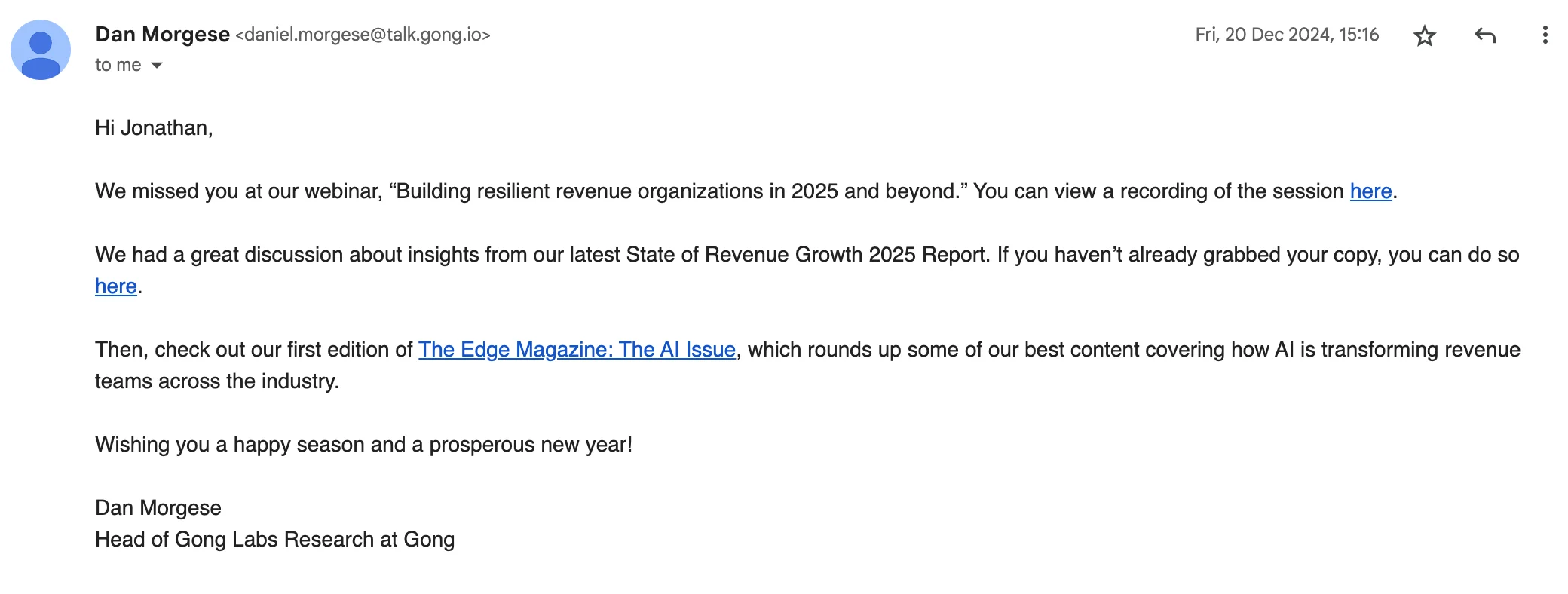 Webinar follow-up email example from Gong