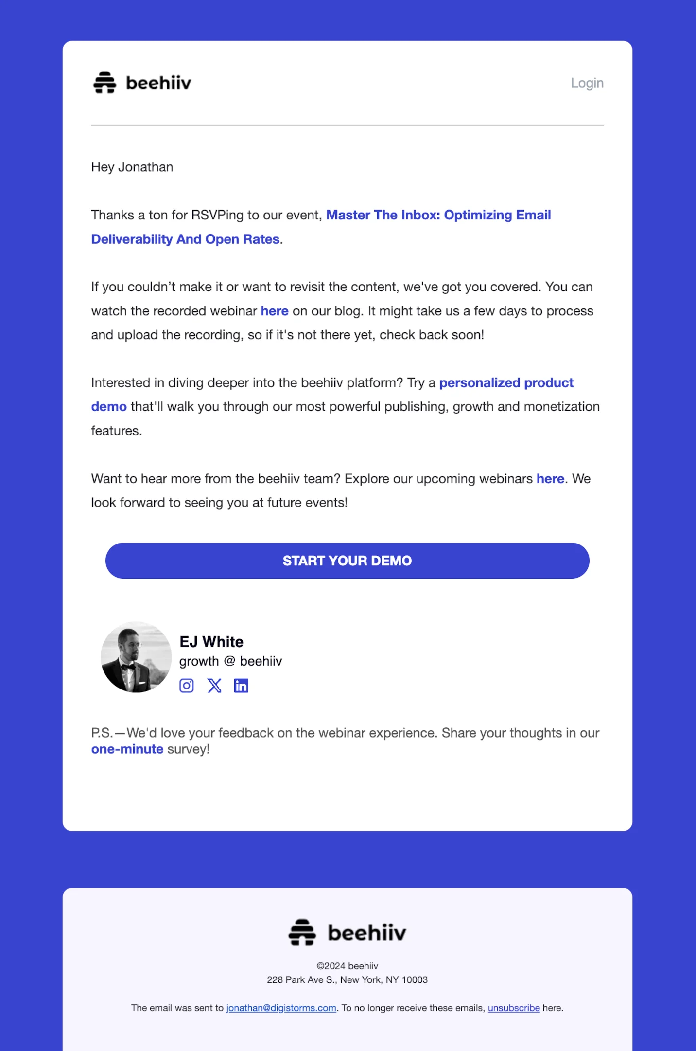 Webinar follow-up email example from Beehiiv