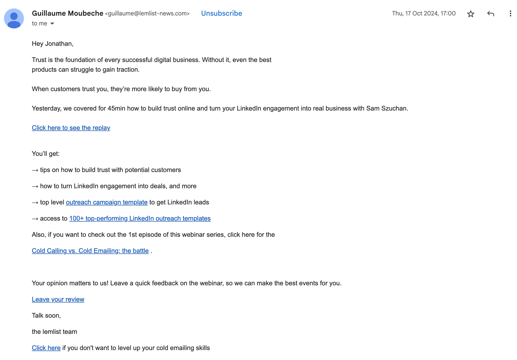Webinar follow-up email example from Lemlist