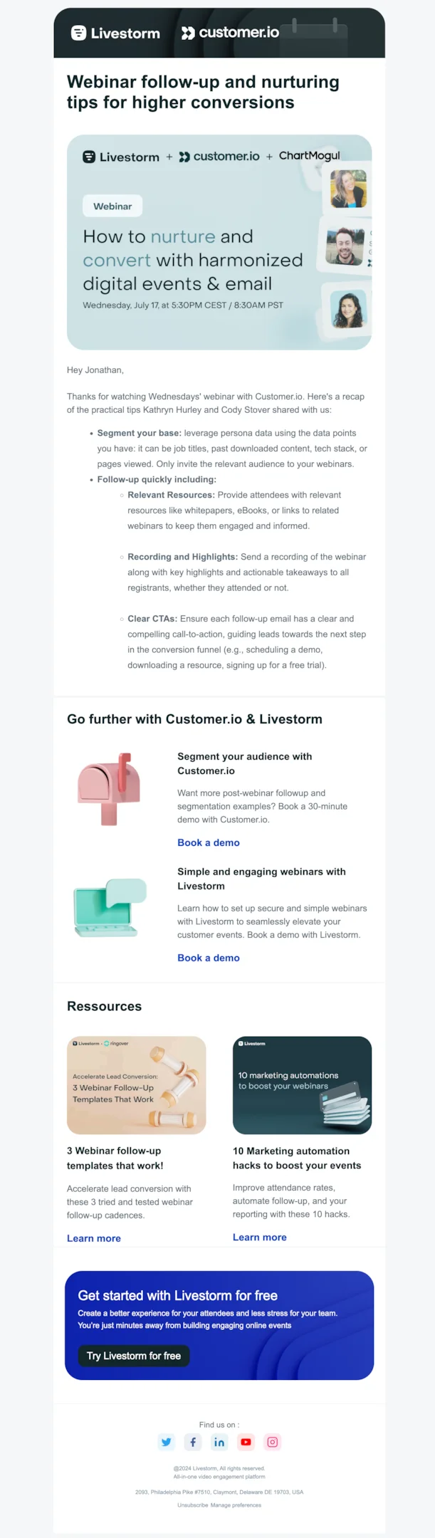 Webinar follow-up email example from Livestorm