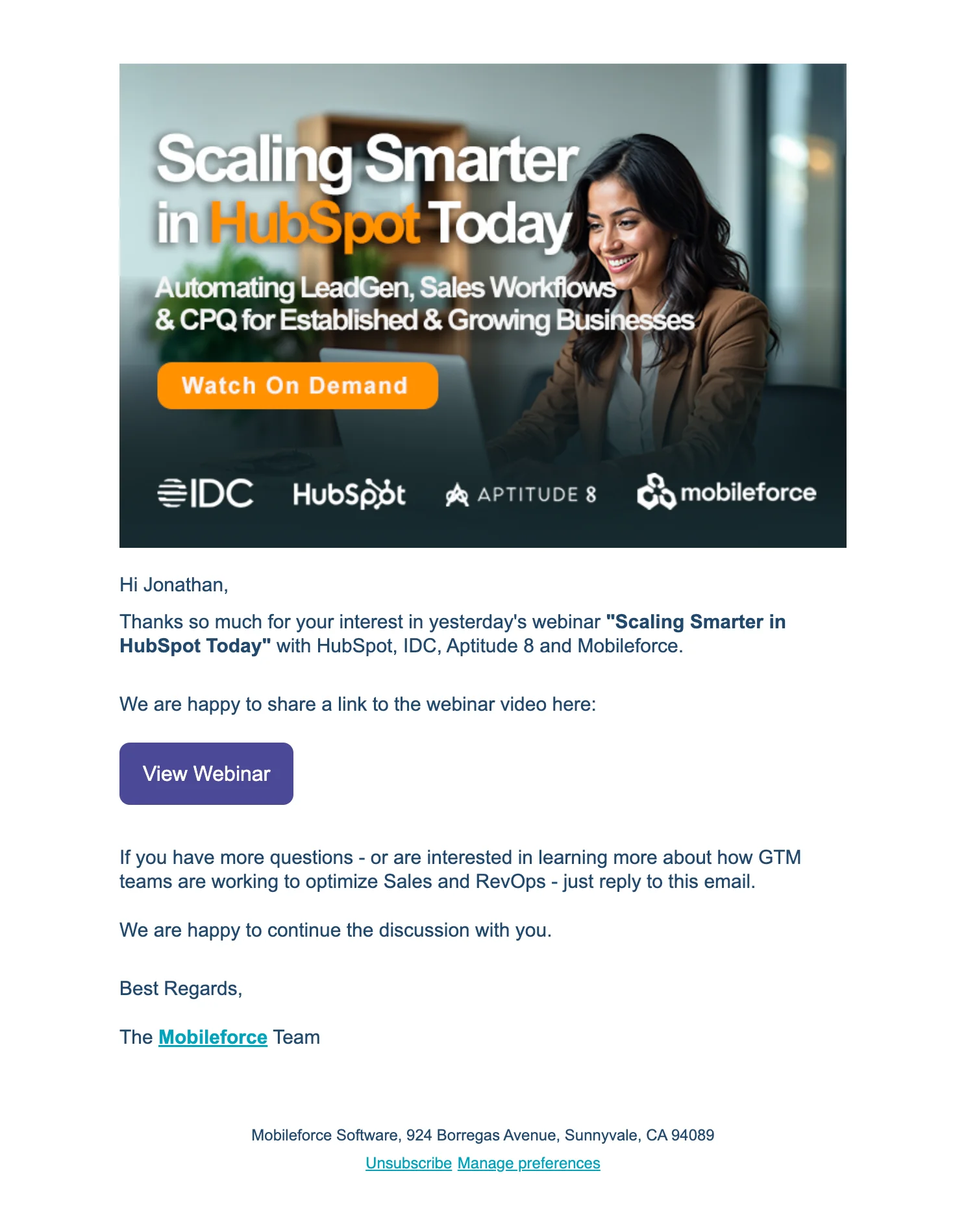 Webinar follow-up email example from Mobile Force