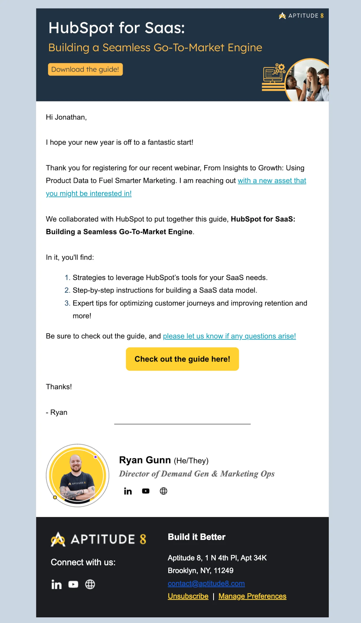 Webinar follow-up email example from Aptitude 8