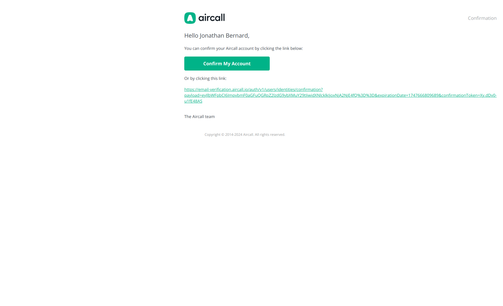 Confirm your Aircall account — email screenshot from Aircall