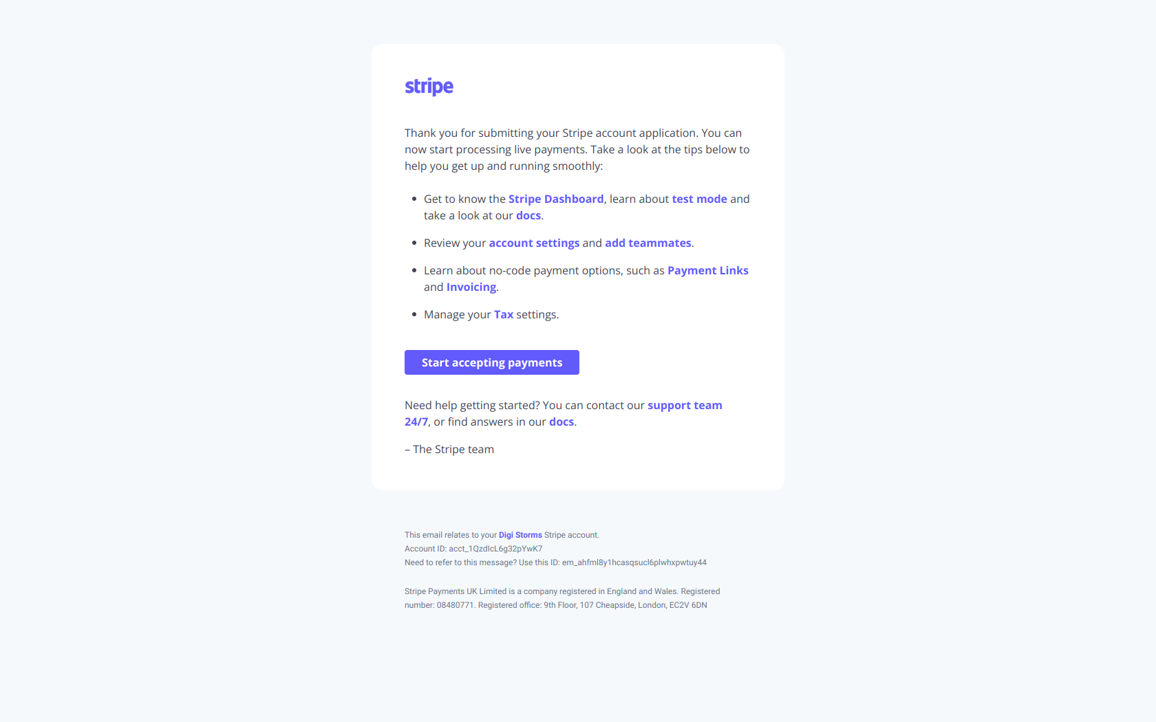 You can now accept payments with Stripe — email screenshot from Stripe
