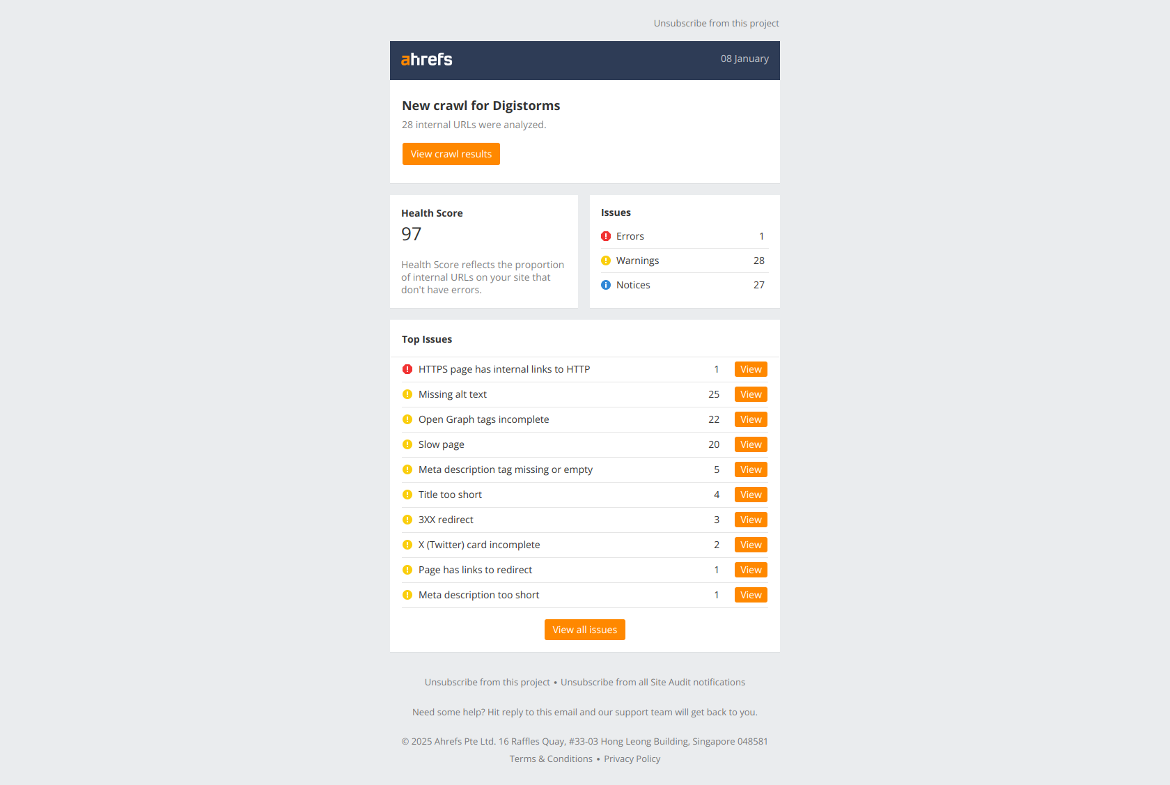 (Digistorms) HTTPS page has internal links to HTTP: 1 URL — email screenshot from Ahrefs