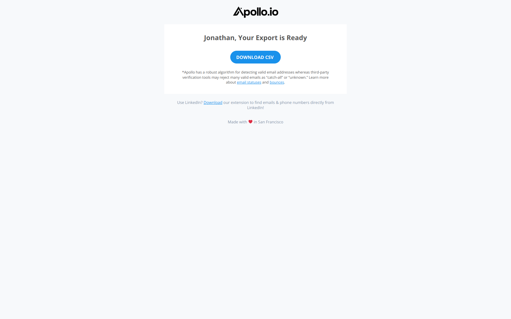 Successful CSV Export — email screenshot from Apollo.io