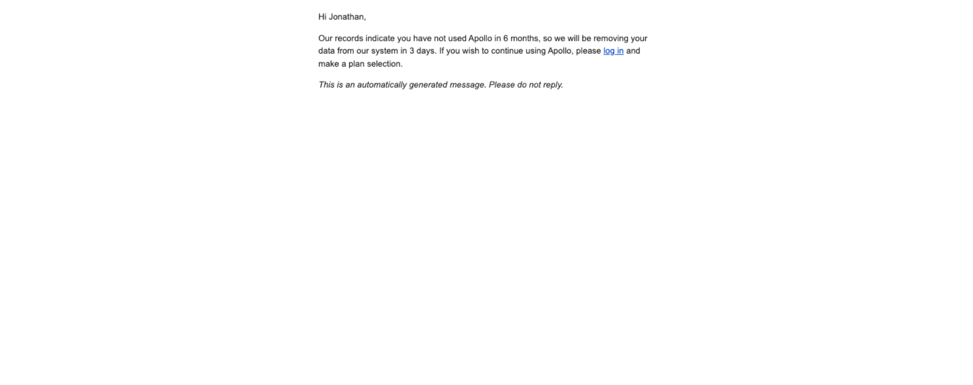 Your free Apollo account will be deleted in 3 days — email screenshot from Apollo.io