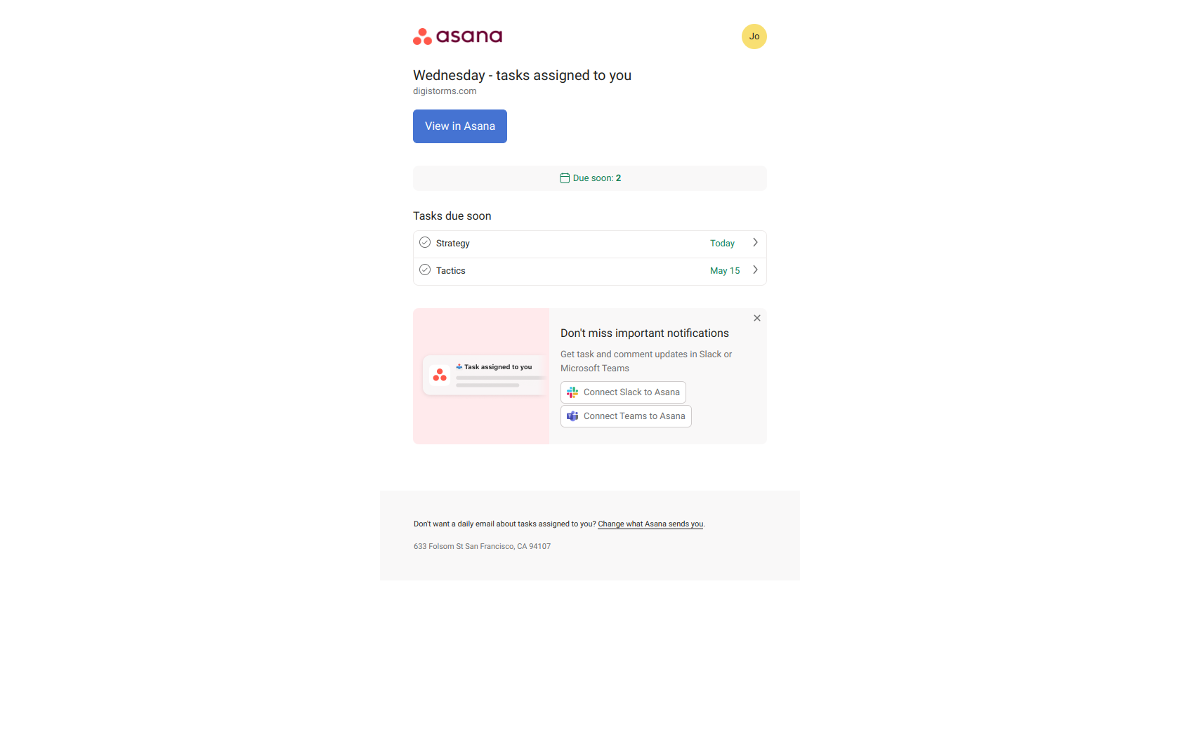 Wednesday - tasks due soon: 2 - digistorms.com — email screenshot from Asana