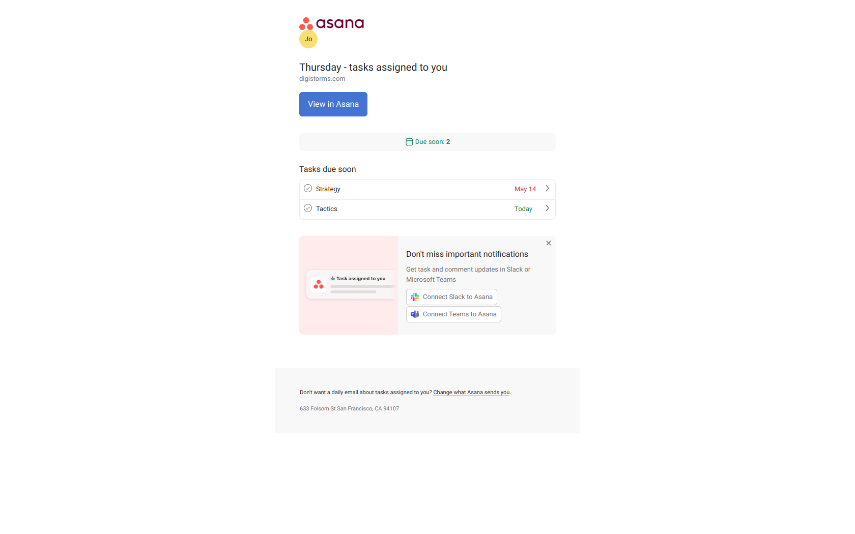 Thursday - tasks due soon: 2 - digistorms.com — email screenshot from Asana
